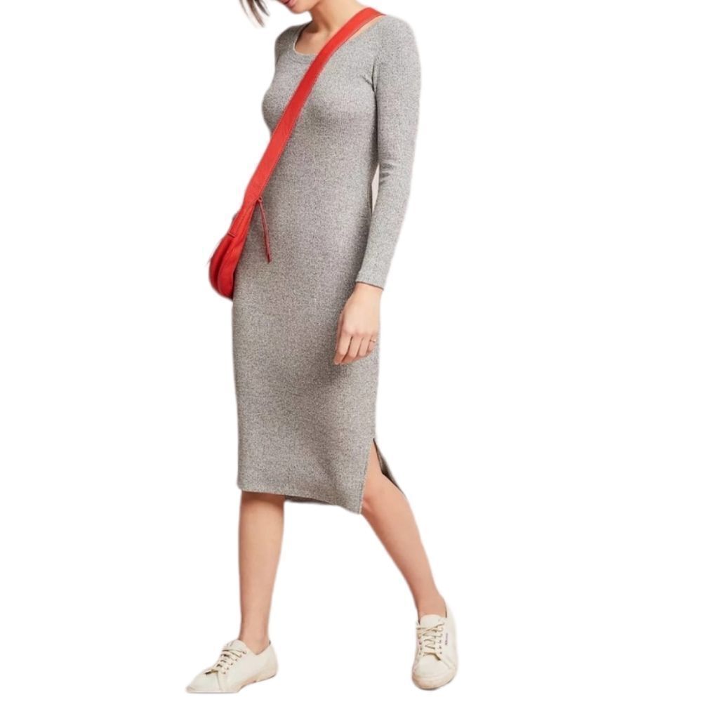 Anthropologie PURE + GOOD Ribbed Scoop Neck High Low Midi Dress M
